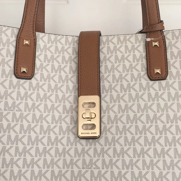 Michael Kors Tote Signature Brand Monogram Gold Hardware Tan Handle - Picture 3 of 9